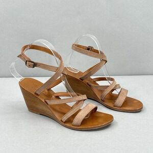 K Jacques Shoes Womens Size 6.5 Tan Leather Wedge Sandals Strappy 38 Ankle Strap